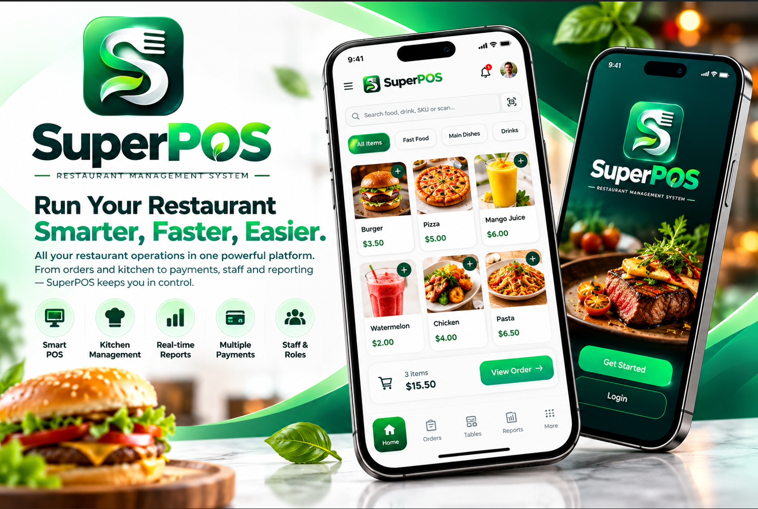 SuperPOS restaurant management mobile interface